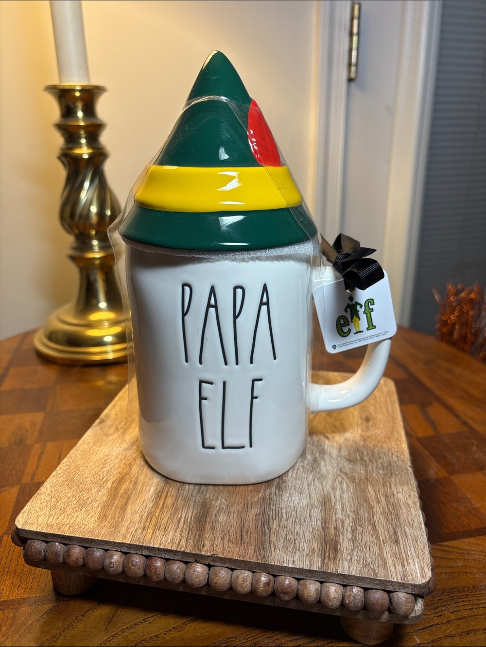 Rae Dunn White 'PAPA ELF' Ceramic Mug with Green, Yellow & Red Hat Lid